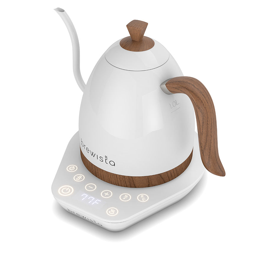 Brewista Wasserkocher Artisan Variable Digital Kettle - Pearl White/White Base 1l, schräge Seitenansicht